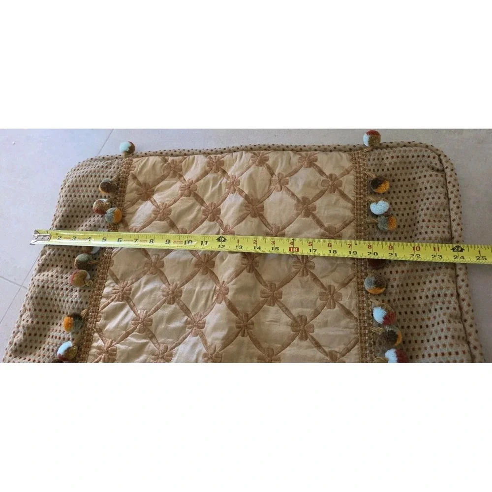 Set 2 Boho Gold Lattice Throw Pillow Textured Cushion Pom-Pom Accents Rustic